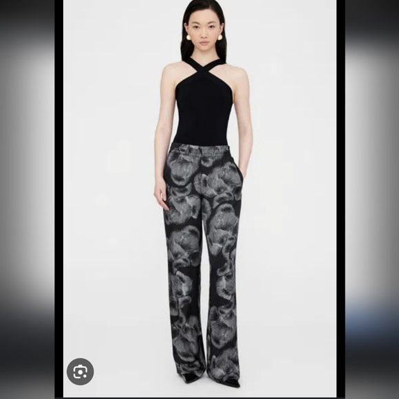 350$ Anine Bing Black and Gray Floral Silk Blend Pants - Picture 2 of 2